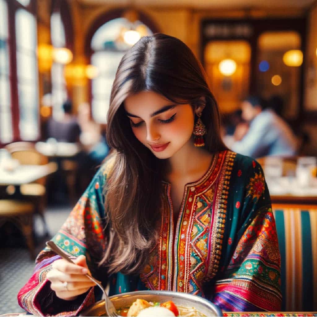 A Pakistani girl in traditional attire, enjoying a meal at an Indian restaurant in Paris Palais Indien A Pakistani girl in traditional attire, enjoying a meal at an Indian restaurant in Paris Palais Indien